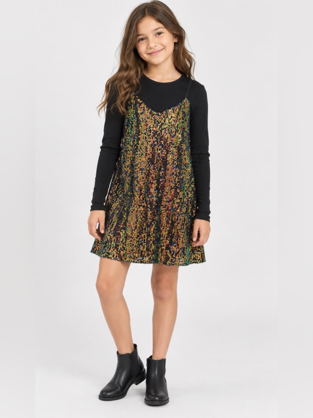 Black Long Sleeve Sequin Slip Dress - Multicolor Sequins